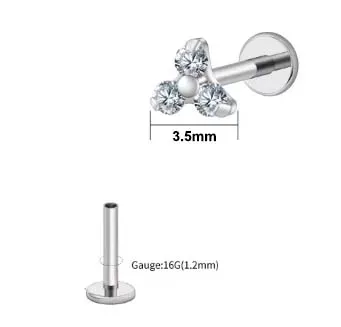 Labret em Titânio TRIANGULO de 3 Zircônia 1.2mm TIT18