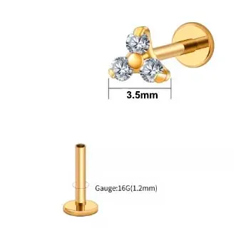 Labret em Titânio PVD DOURADO TRIANGULO de 3 Zircônia 1.2mm TIT23