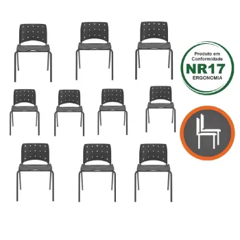  Kit com 10 unidades Cadeira Empilhável Ergoplax Slim  Assento e Encosto Cor Preta e Estrutura Fixa 4 Pés Cor Preta