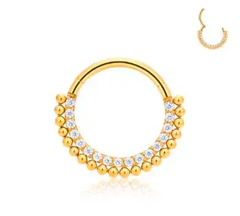 Argola em Titânio PVD DOURADO CRAVEJADA ZIRCONIA FRONTAL 1 Filete de ESFERAS  1.2mm TIT24