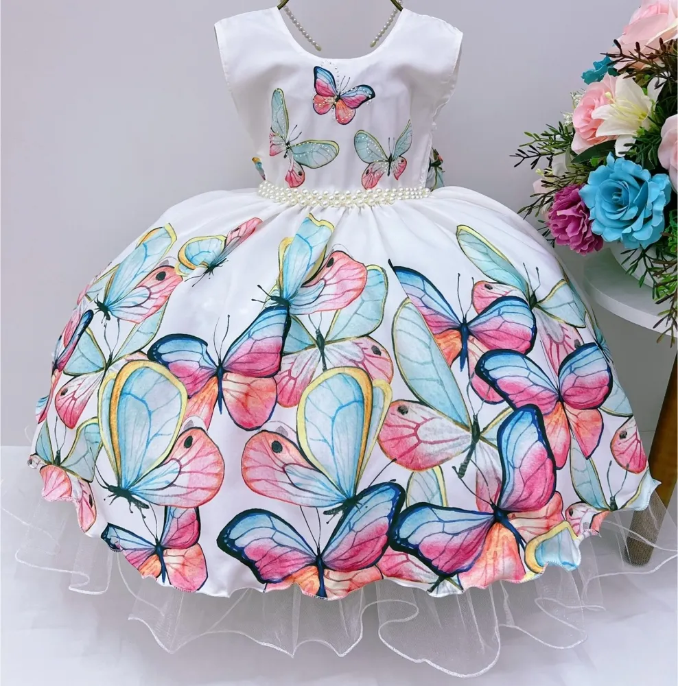 Vestido Festa Off White Borboletas Colors