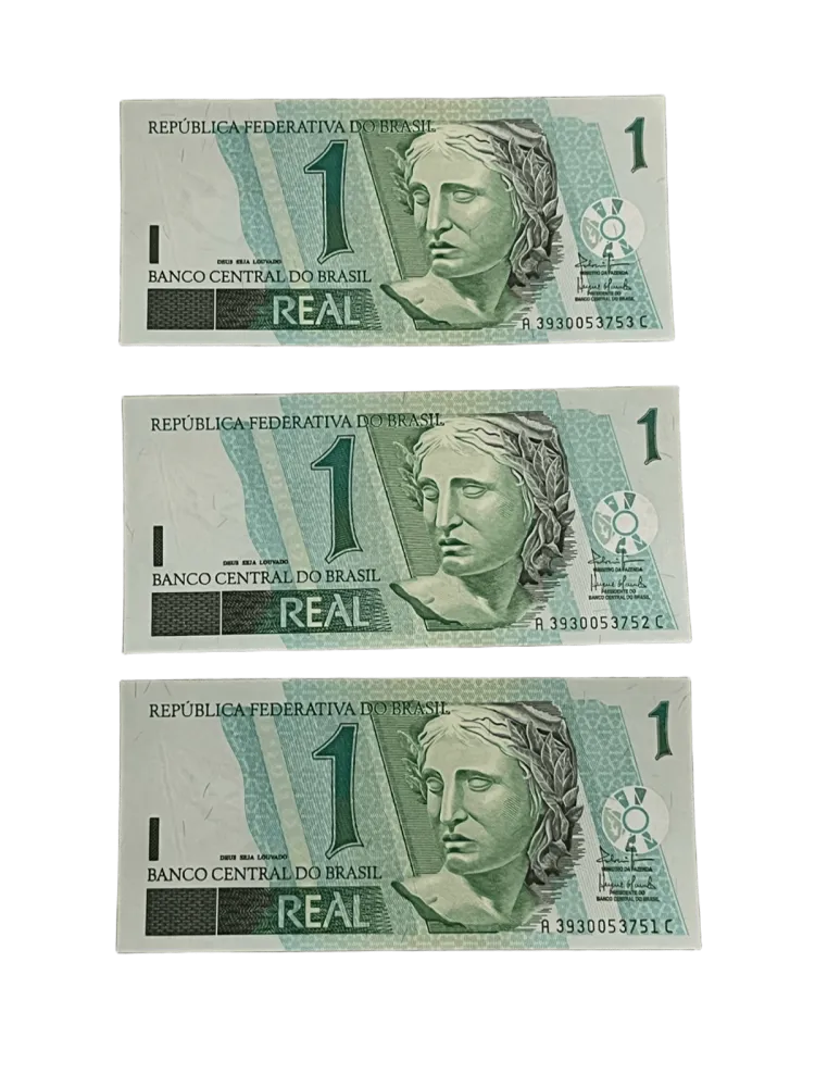 3 CÉDULAS 1 REAL 2003 SÉRIE AC - FLOR DE ESTAMPA - C254 - SEQUENCIADAS