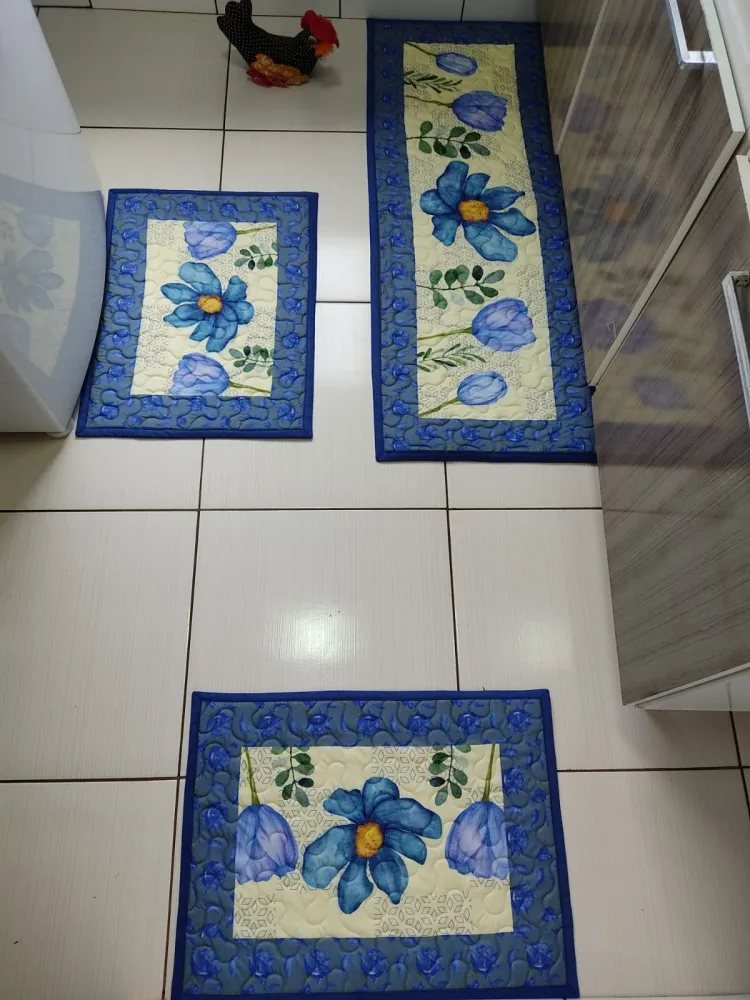 Jogo de Tapete Cozinha - Flores Azuis