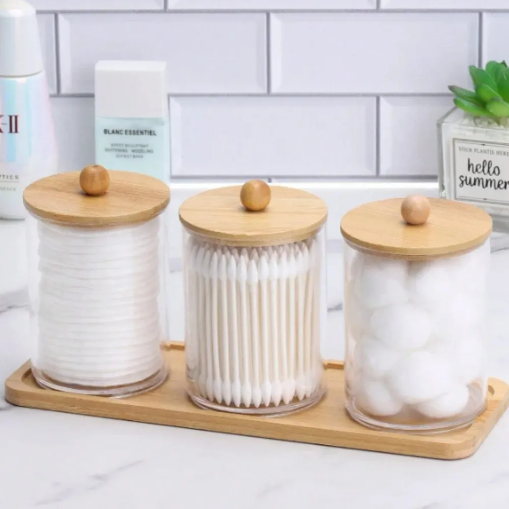 Porta Algodão Triplo Organizador Acrílico Tampa Bambu Cotonete Discos Maquiagem Imagem