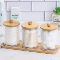 Porta Algodão Triplo Organizador Acrílico Tampa Bambu Cotonete Discos Maquiagem