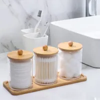 Porta Algodão Triplo Organizador Acrílico Tampa Bambu Cotonete Discos Maquiagem - Foto 5