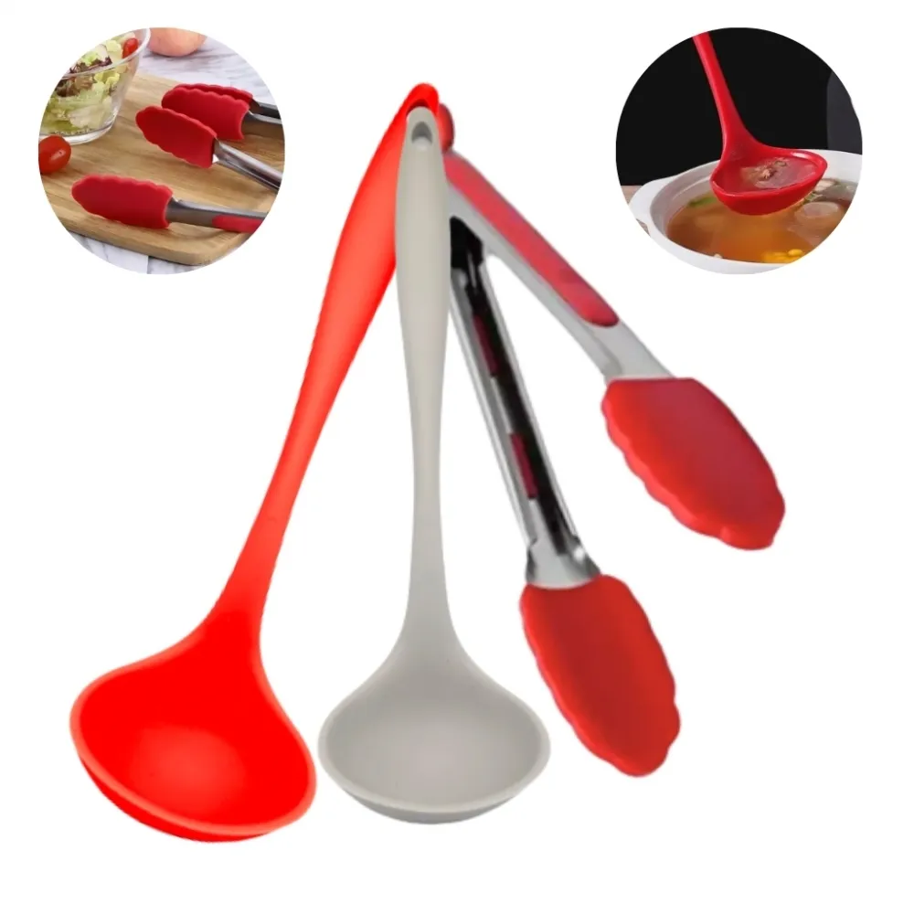 Kit 2 Concha De Feijão Em Silicone 28,6 Cm Grande Reforçado Cozinha e Pinça Pegador Culinário Silicone 27 Cm Multiuso Inox Fritura Imagem