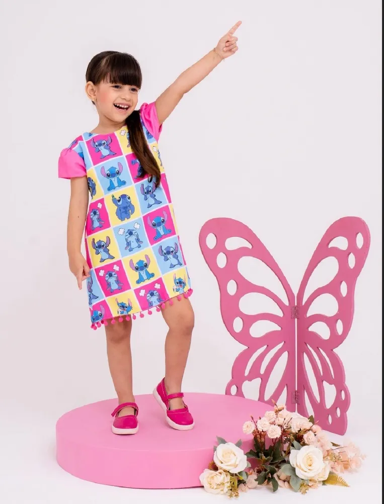 Vestido Trapézio Stitch Colors Pompom