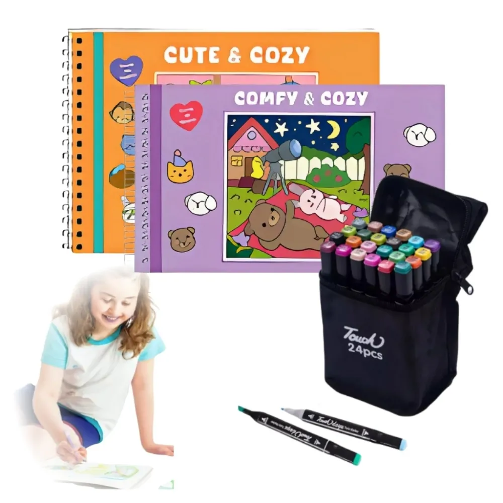 Kit 2 Livro De Colorir  Capa Dura 50 Páginas + Canetinhas Colorir Marca Texto De 24 Cores