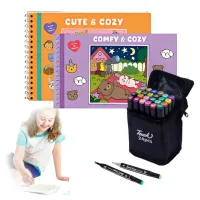 Kit 2 Livro De Colorir  Capa Dura 50 Páginas + Canetinhas Colorir Marca Texto De 24 Cores