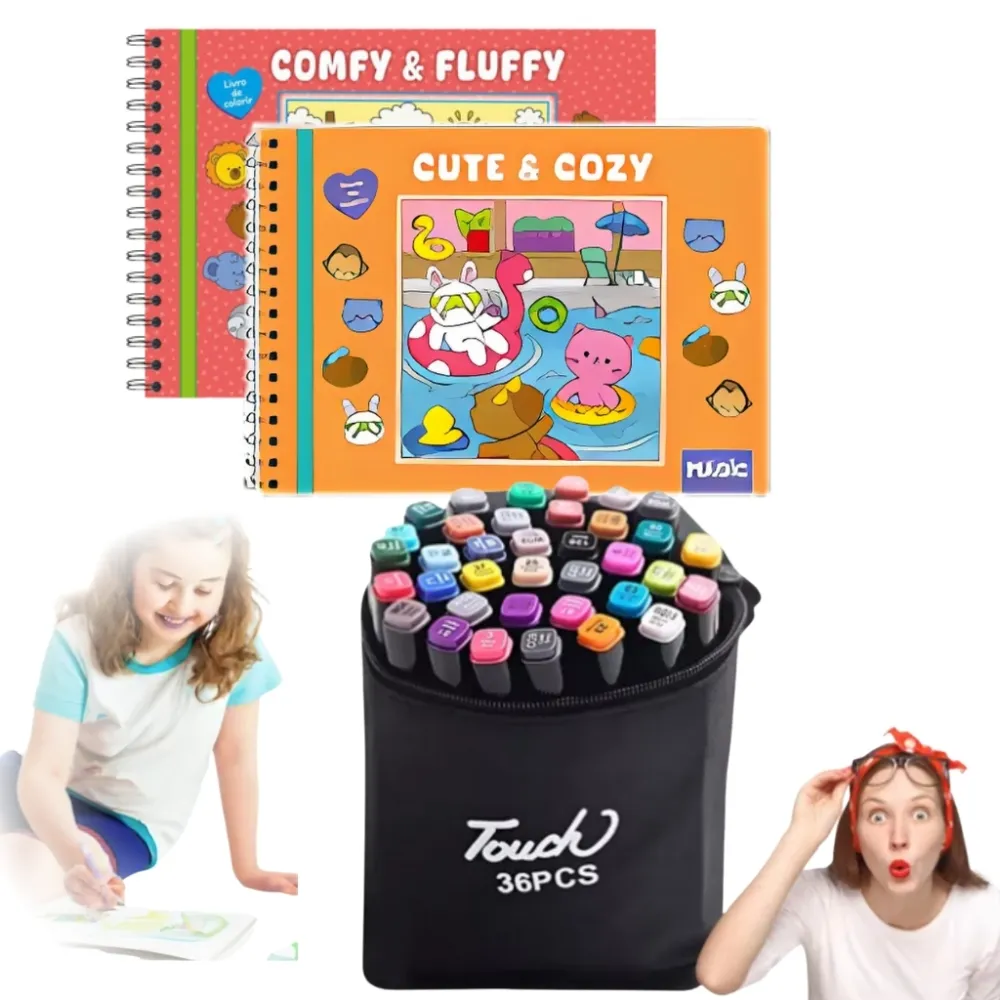 Kit 2 Livro + 36 Canetinhas Coloridas Pintar Diversão Imagem