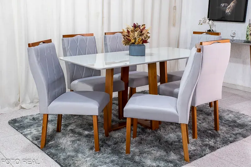 Mesa Pedro  Cadeiras 1,60x80 Madeira maciça Tampo de vidro + 6 CADEIRAS Imagem