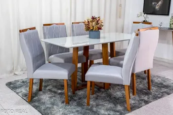 Mesa Pedro  Cadeiras 1,60x80 Madeira maciça Tampo de vidro + 6 CADEIRAS