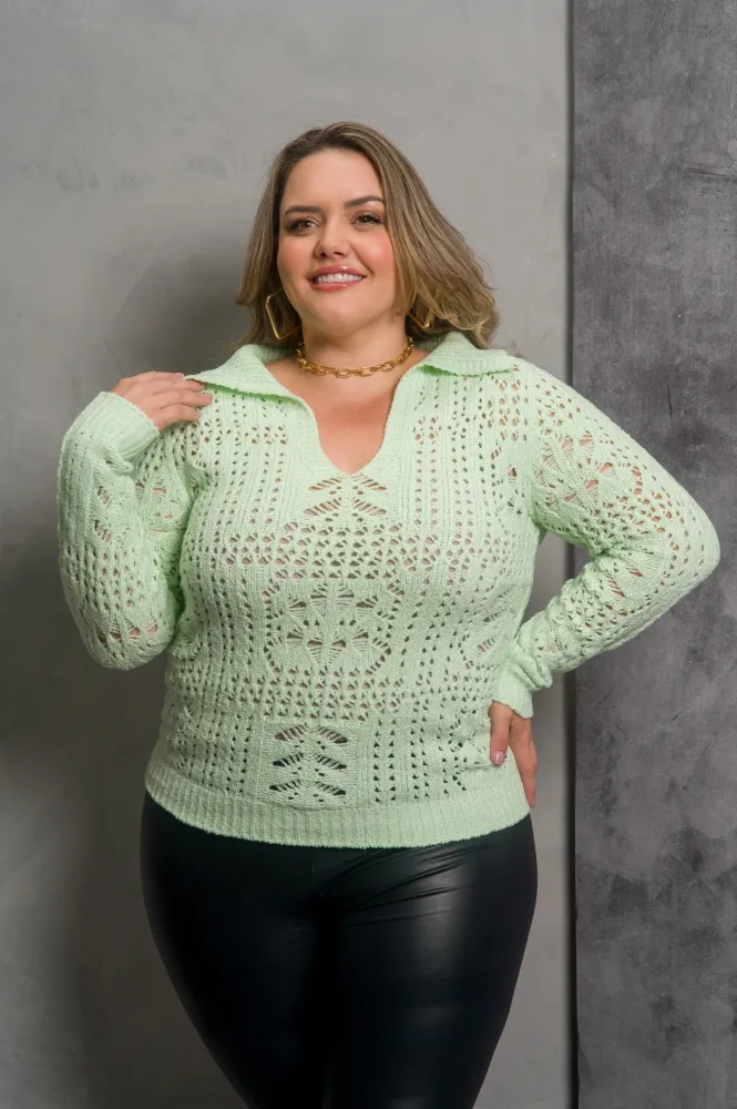 Blusa tricot mousse rendada com gola polo plus GM 1536 Tam G