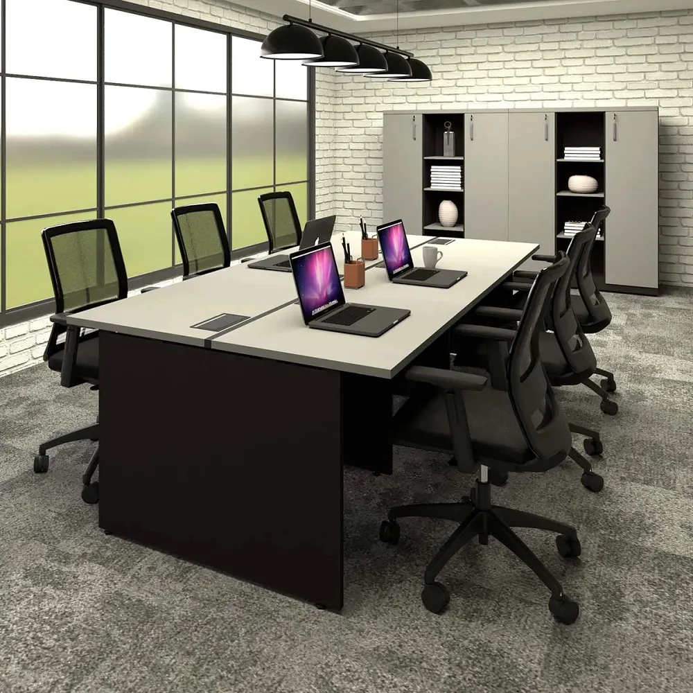 Estação de Trabalho Mesa Plataforma 1350 Para 6 Lugares Pé Painel com Caixas de Tomadas Versa Imagem