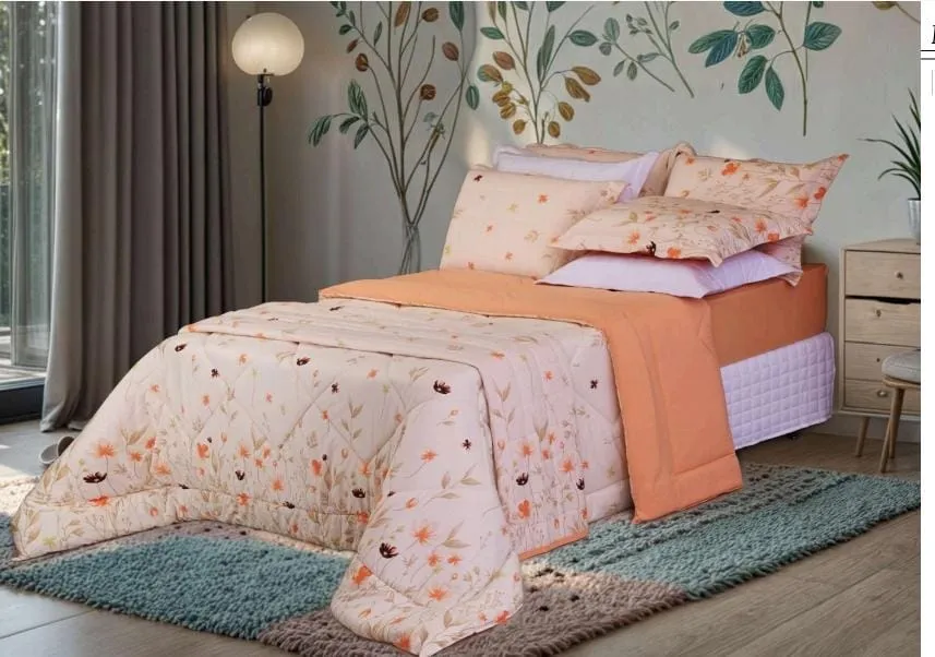 Edredom em Malha Queen Floral Laranja