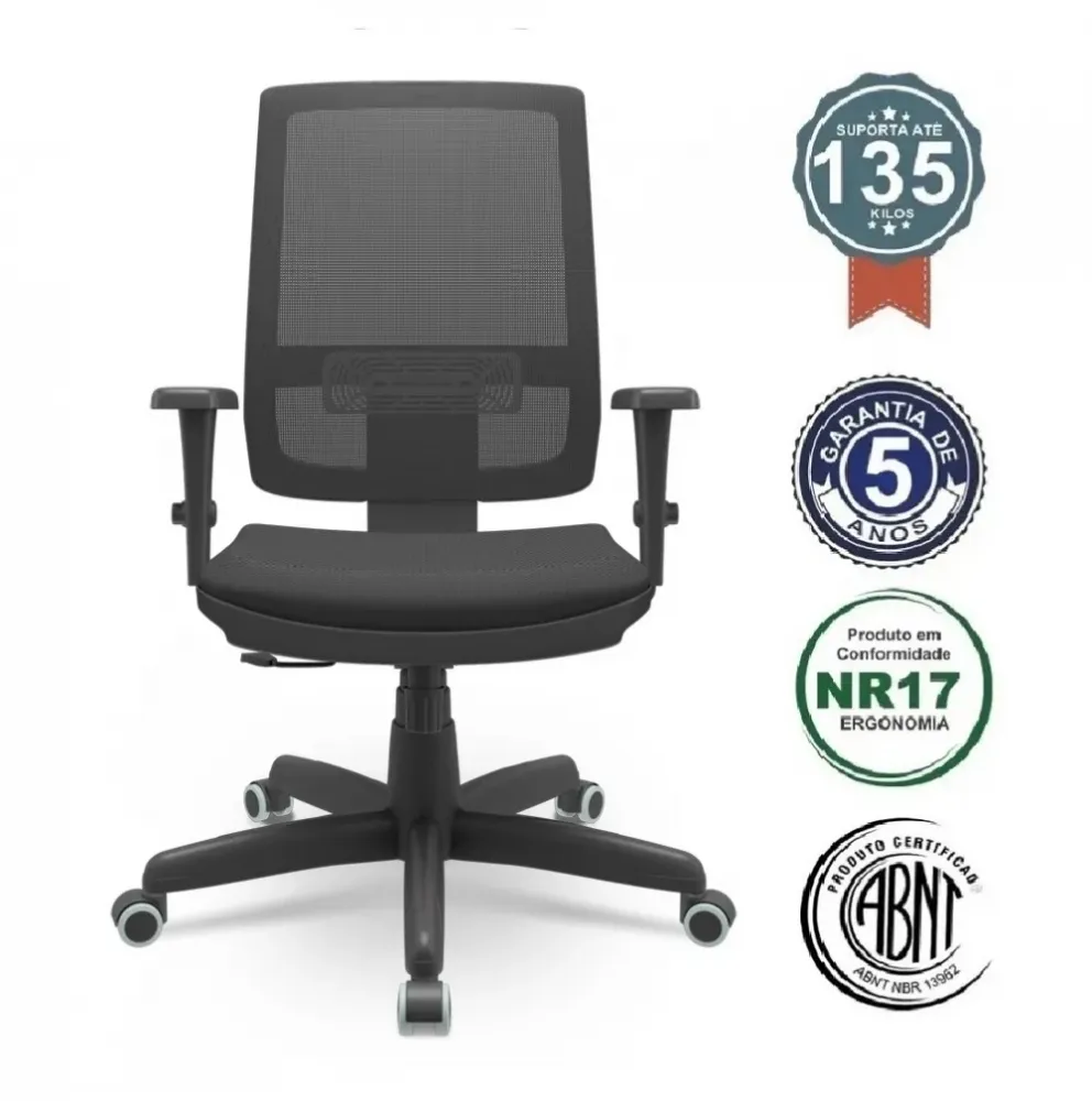 Presidente Brizza Tela Cor Preta Mecanismo Relax Base Standard com Braços Reguláveis