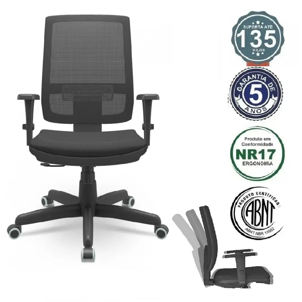  Cadeira Multiregulável NR17 Brizza Tela Cor Preta Encosto Regulável com Base Giratória e  Braços Reguláveis