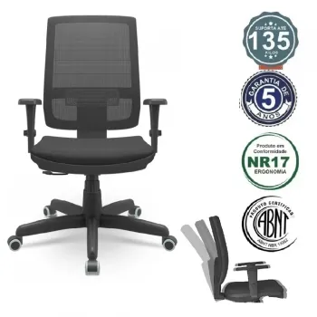  Cadeira Multiregulável NR17 Brizza Tela Cor Preta Encosto Regulável com Base Giratória e  Braços Reguláveis