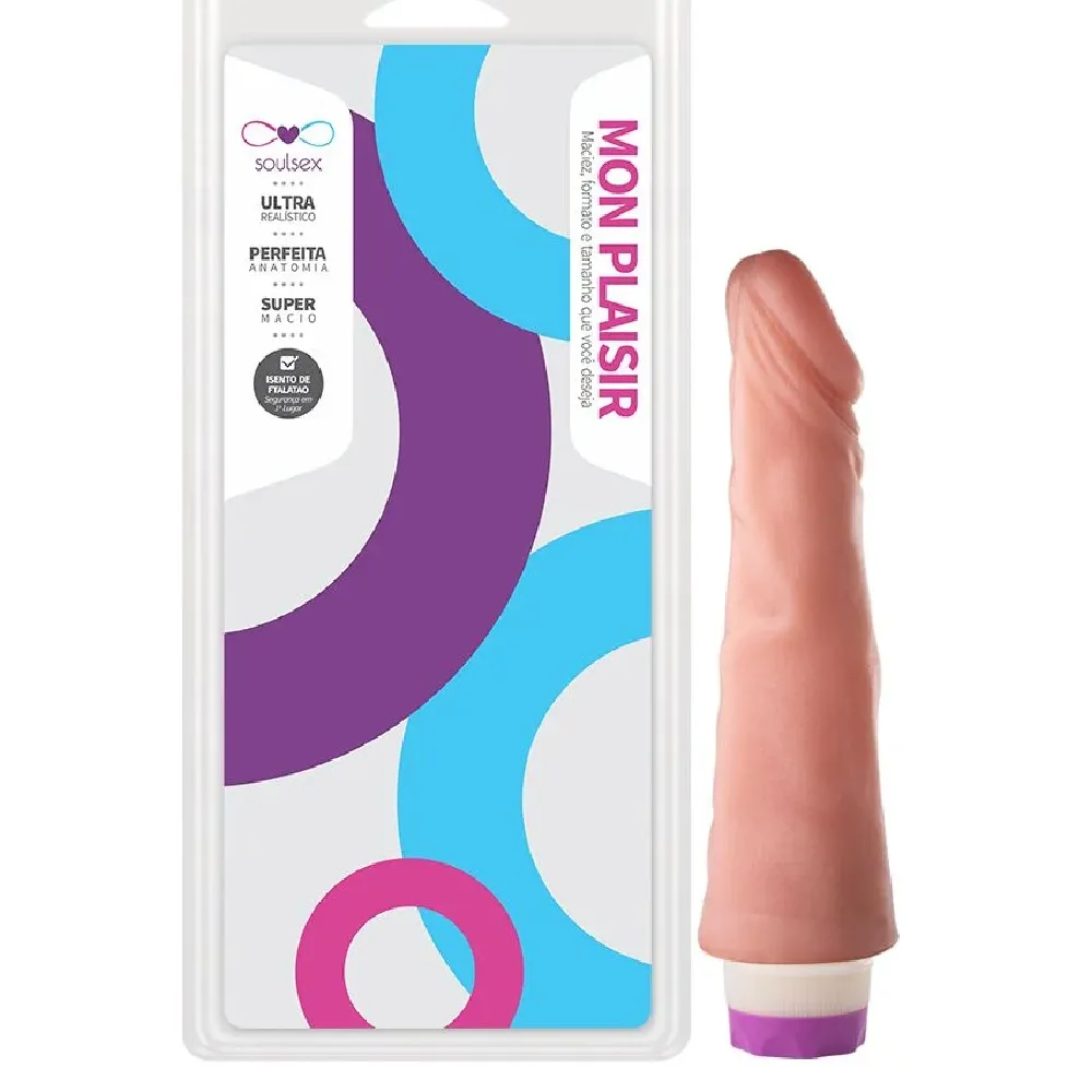 PRÓTESE EM FORMATO DE PÊNIS COM VIBRO MON PLAISIR - MACIÇA 17,5  X  4,2 CM - COR BEGE CLARA.                                                         LIBYSEXSHOP