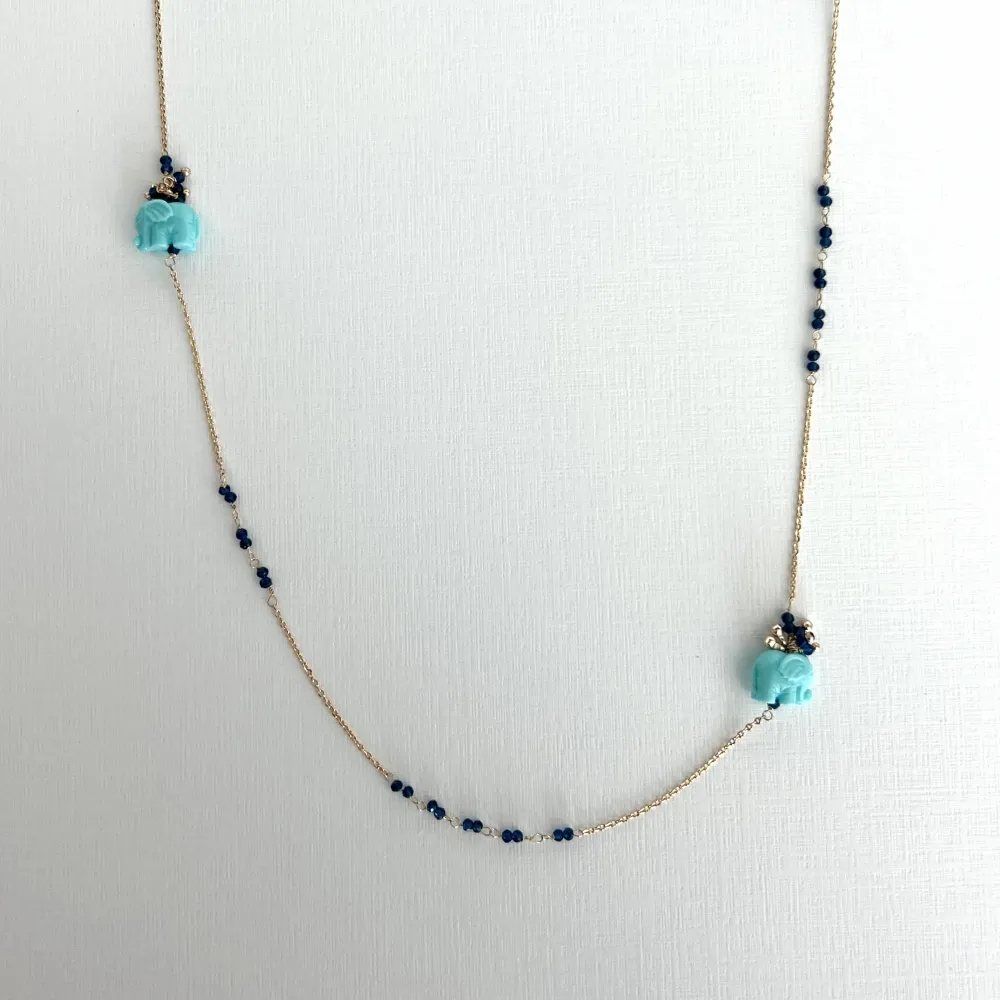 Colar Longuinho Corrente Intercalada com Cristais Azul e Elefantes Turquesa
