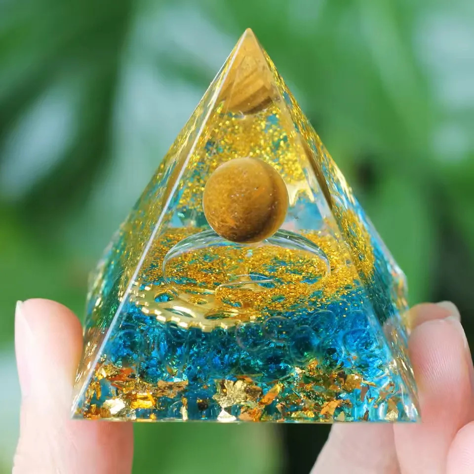 Pirâmide Orgonite – Olho de Tigre, Base de Água Marinha 5 cm Imagem