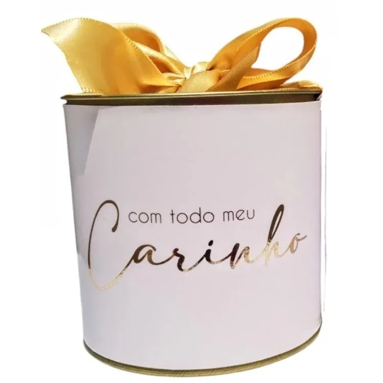 Tubolata Diâmetro 10,0 x 10,0 Altura - C/ Tampa plástica dourada - Personalizada Com a Frase dourada com carinho