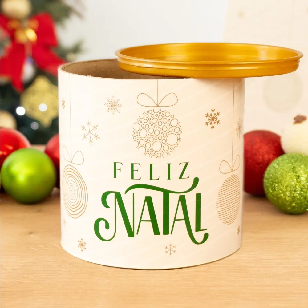 Tubolata Diâmetro 10,0 x 10,0 Altura - C/ Tampa plástica dourada - Personalizada com feliz natal