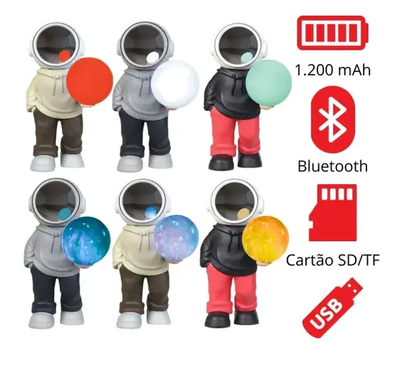 Caixa De Som Astronauta Led Bluetooth Caixinha Fm Decoração - Xtrad