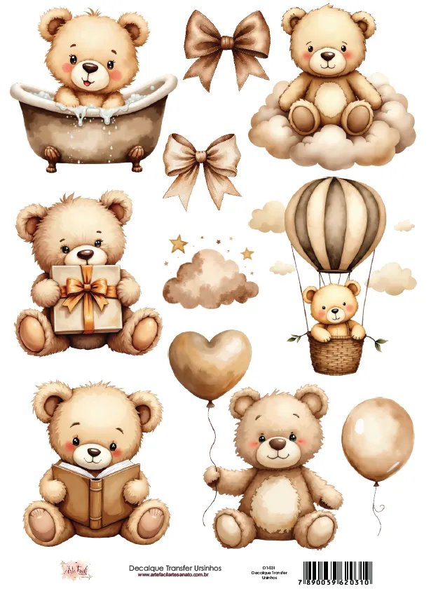 DT-031- Adesivo Transfer Ursinhos- Tam. 21,0x14,8cm Imagem