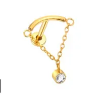 Labret em TITÂNIO PVD GOLD Barra Curva com Corrente e  Pedra FLAT 1112