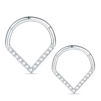 Argola Clicker em  TITÂNIO Modelo V com Pedras FRONTAL CRAVEJADAS 535