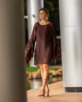 Vestido Curto Manga Longa Diva's Voga Marrom Brownie - Foto 3