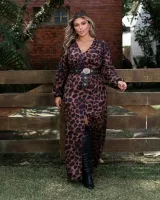 Vestido Max Midi Manga Longa Maria Francia Animal Print Onça - Foto 3