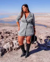 Conjunto Alfaiataria Maxi Blazer Saia Shorts Diva's Voga Cinza Claro - Foto 4