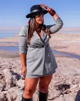 Conjunto Alfaiataria Maxi Blazer Saia Shorts Diva's Voga Cinza Claro - Foto 5