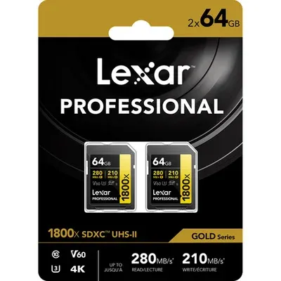 Pack 02 cartões de Memória SD Lexar1800X Serie Gold V60 - 64GB