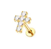 Labret em TITÂNIO PVD GOLD CRUZ com PEDRAS 1103