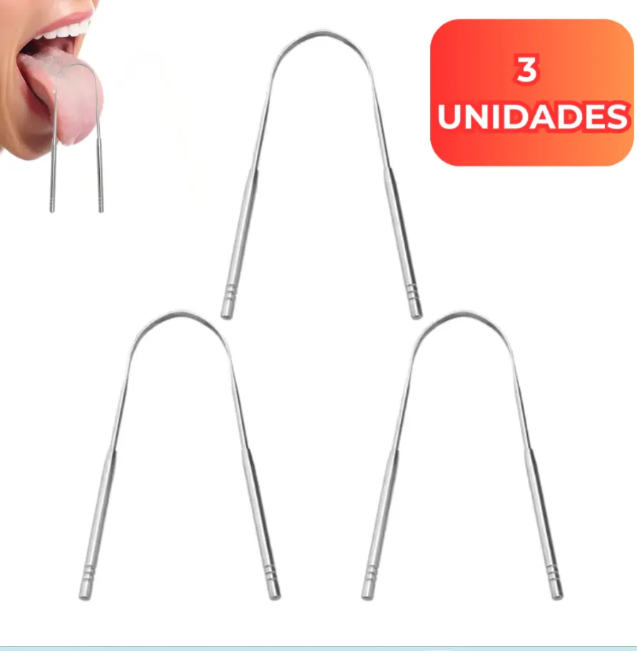 kit 3Limpador de Língua Raspador Aço Inox Higiene Bucal contra mau hálito