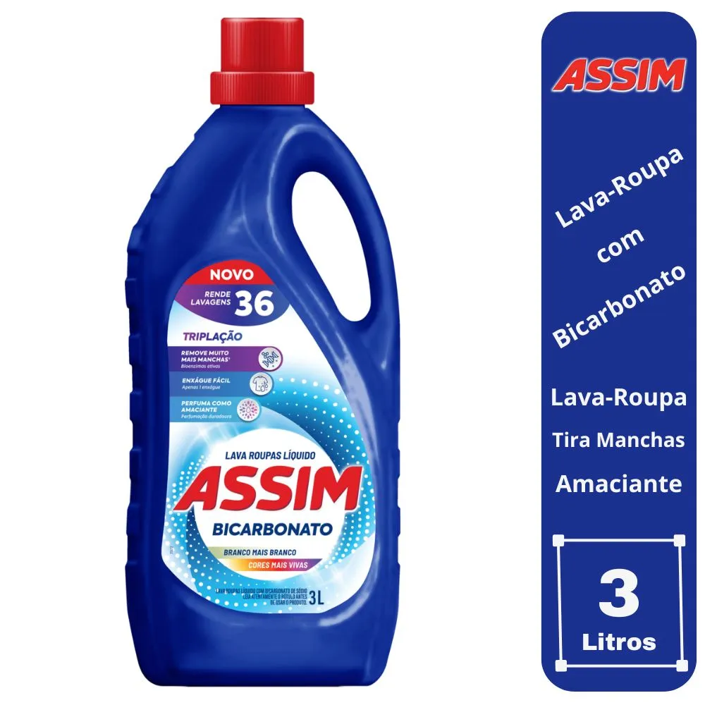 Lava Roupas Líquido Assim Tripla ação com Bicarbonato 3L