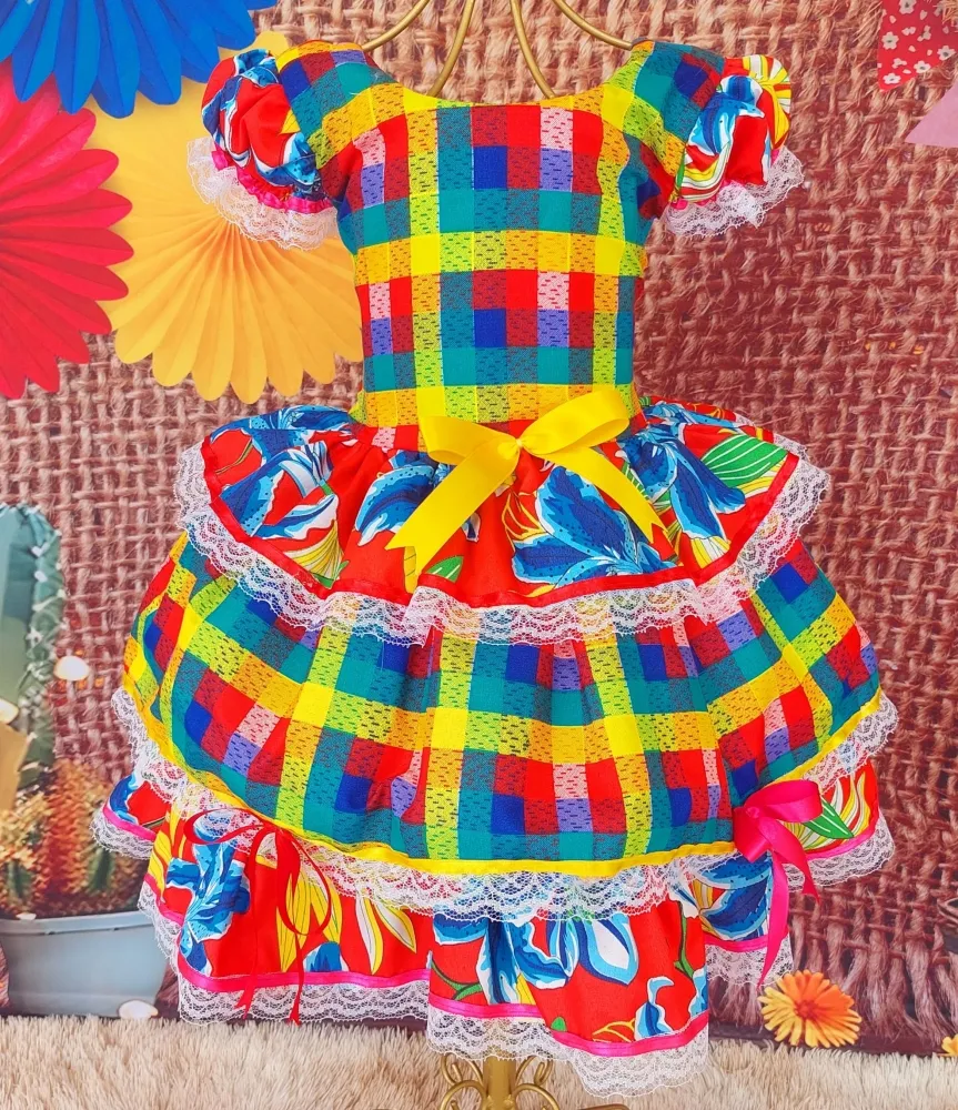 Vestido Junino Arraia Xadrez/Floral