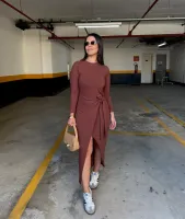 VESTIDO CANELADO MANGA LONGA - CHOCOLATE