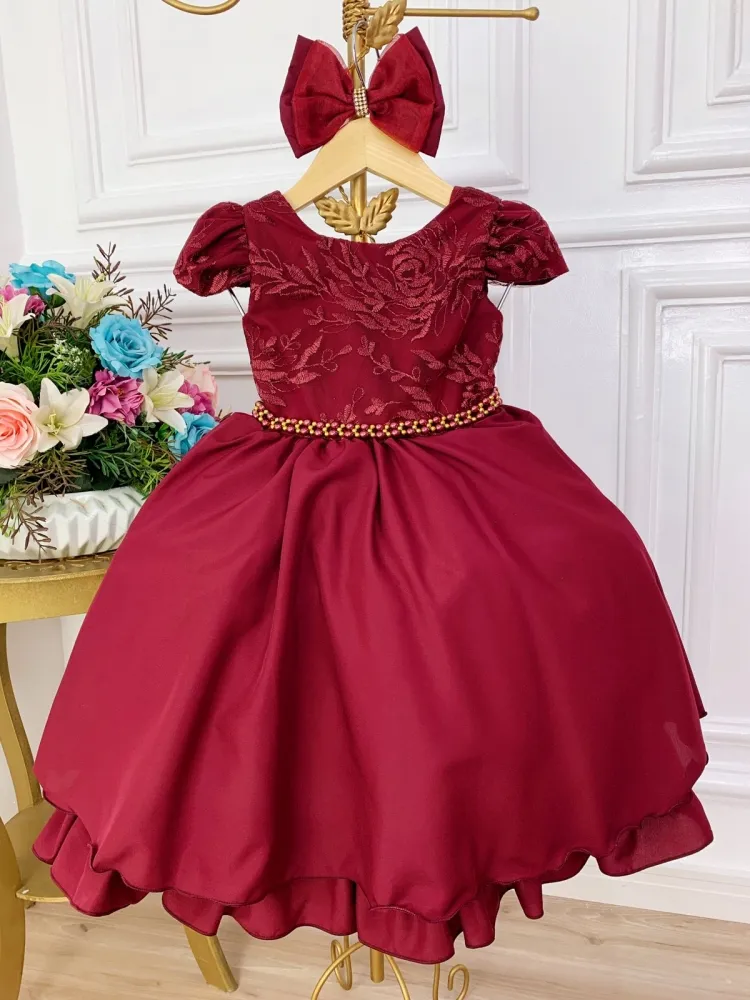 Vestido Festa  Marsala Orgaza Bordada com Laço Brinde