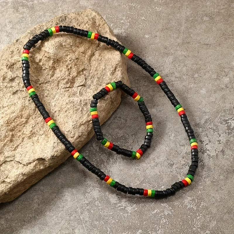 Conjunto Colar e Pulseira Rastafári Masculina em Madeira Imagem