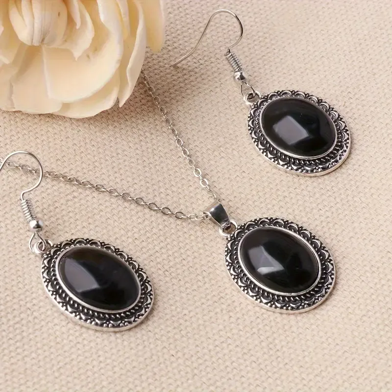 Conjunto Colar e Brincos com Obsidiana Negra Imagem
