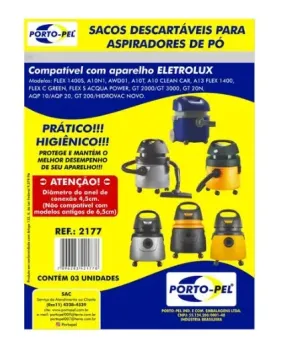 Saco descartável  Flex, A10n1, Awd01, Clean Car, Acqua Power, Gt2000, Gt3000, Gt20n, Aqp10, Aqp20, Electrolux, Kit com 3 Unidades