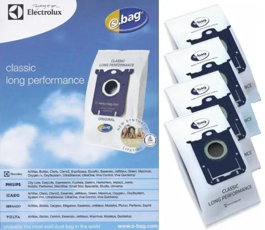 Saco Descartável Biodegradável 2 Níveis de Filtragem S-Bag Classic Electrolux, Philips, AEG, Tornado, Volta, Kit com 4 Unidades Original