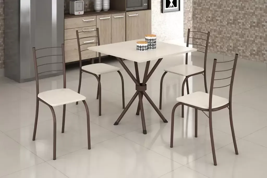 Mesa 4 Cadeiras Rio Quadrada Marrom Madeira MDP 68x68 Off  White Requi