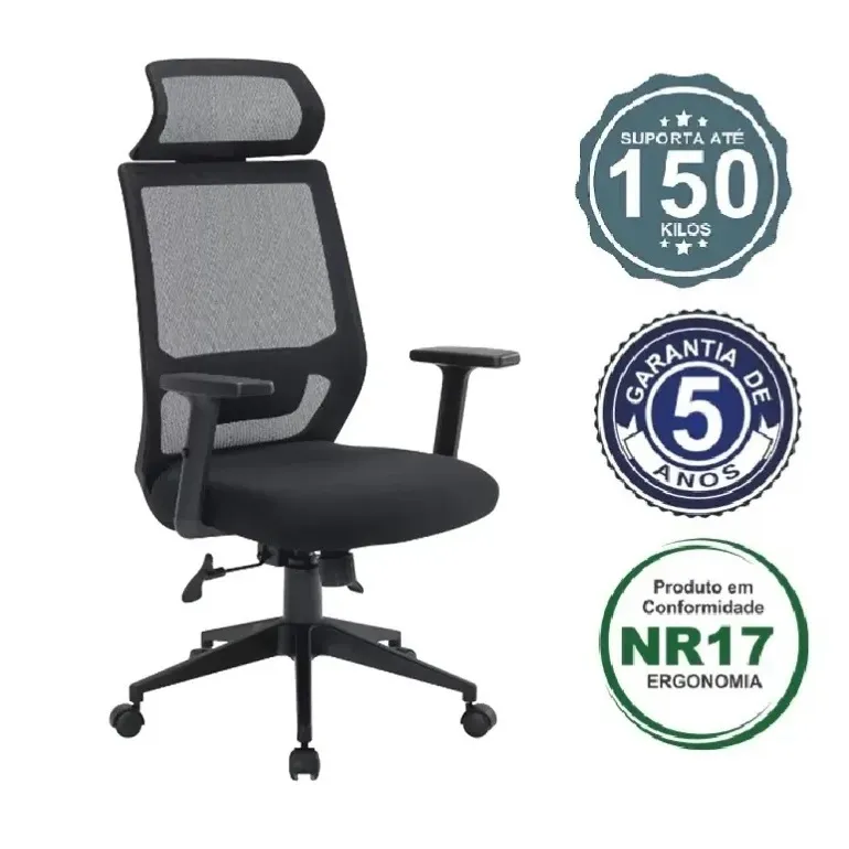  Cadeira Multiregulável NR17 Milano Mecanismo Sincronizado Base Piramidal com Braços Reguláveis e Apoio de Cabeça