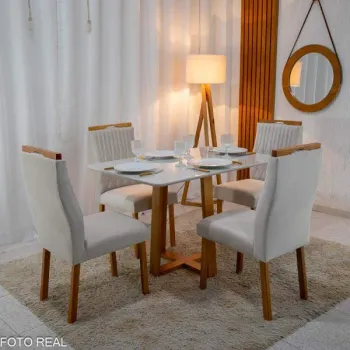 Mesa Madeira Bali Mel tampo Vidro OFF 120×80 4 Cadeiras em Madeira Maciça  estofada DISPENSA MONTADOR